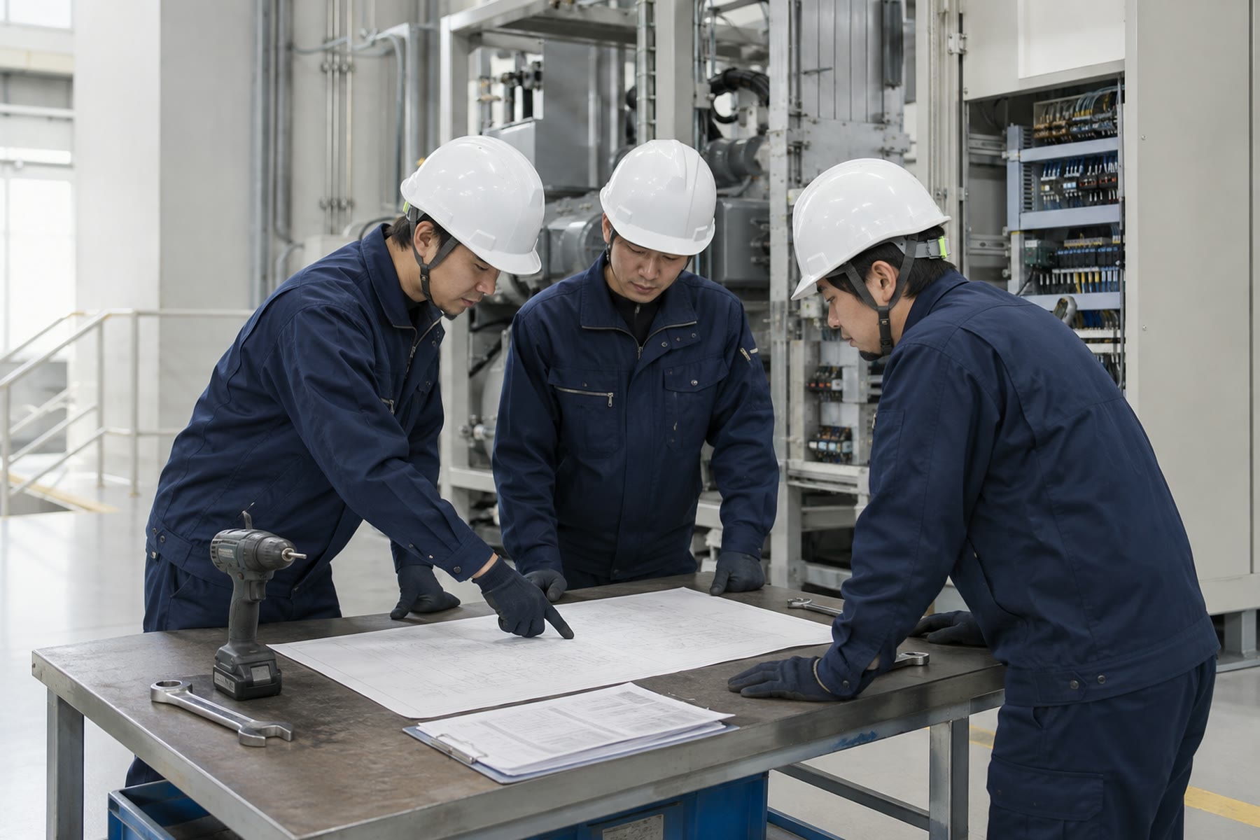 工場内で図面を確認する3名の設備技術者